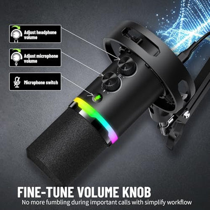 Gaming Microphone Set, USB & XLR Dynamic PC Mic for Streaming & Podcast, Computer RGB Mic Kit with Boom Arm, Mute Button & Headphone Jack, Cardioid Polar Pattern for Vocals, Voice-Over - color: Black