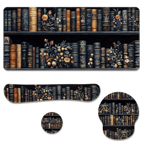Bookshelf Desk Mat Set Dark Vintage Library Large Mouse Pad with Wrist Rest 4in1 Desk Mat for Desktop Ergonomic Computer Desk Arm Wrist Anti-Slip Computer Ergonomic Mouse Pad Home Office Gaming - color: Bookshelf