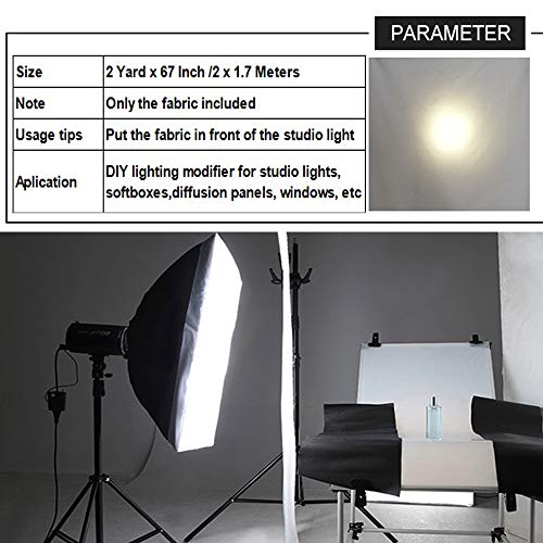 Meking Light Diffuser Diffusion Fabric 2 Yard x 67 Inch /2 x 1.7 Meters Nylon Silk White Seamless Light Modifier for Photography Softbox, Light Tent and Light Modifier - size: 2 Yard x 67 Inch