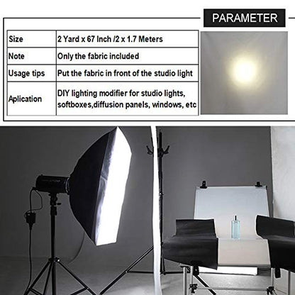 Meking Light Diffuser Diffusion Fabric 2 Yard x 67 Inch /2 x 1.7 Meters Nylon Silk White Seamless Light Modifier for Photography Softbox, Light Tent and Light Modifier - size: 2 Yard x 67 Inch