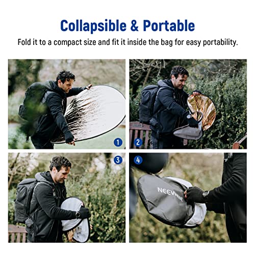 NEEWER 43"/110cm Light Reflector Kit, 5 in 1 Collapsible Round Reflector (Translucent/Silver/Gold/White/Black), Metal Clamp and 21"-43”/53-110cm Short Stand for Low Angle Studio Photography - style: 110cm w/Clamp&Stand