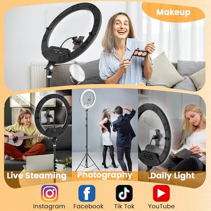 18" Large Ring Light with Stand, Upgraded Foldable LED Big Ringlight with 75" Tripod & Wheel Tray for Live Tattoo Makeup Video Recording Barber Photography - size: 18 INCH