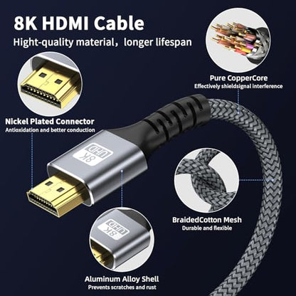 8k Hdmi Cable 6.6ft Ultra High Speed HDMI 2.1 Cable 8K@60HZ 4K@120HZ 48Gbps HDMI Cord for HDTV,PS4,PS5,Monitor Laptop,Xbox,HDCP 2.2&2.3 Support HDR,eARC,Dolby.(Silvery) - size: 6.6FT