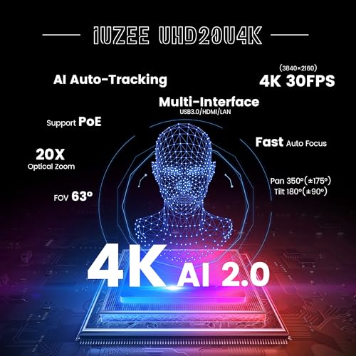 4K UHD PTZ Camera AI-Auto Tracking, 20X Optical Zoom, USB3.0/HDMI/LAN PoE, IP Live Streaming, PTZ Conference Room Camera for Church Services Education Conference Events, Work with YouTube OBS - color: Black