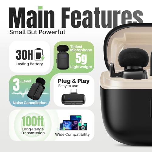 Mini Wireless Lavalier Microphone for iPhone/Android/PC with USB-C Plug, 3-Level Noise Reduction, 30H Battery Life with Charging Case, AI Voice Changer Microphone, Tiny Mics for Vlogging & Podcast