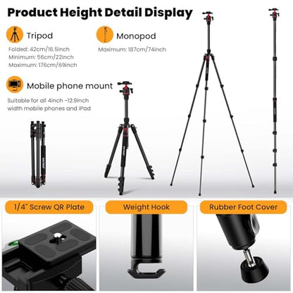 MACTREM 67" Travel Tripod - 360° Ball Head for Cameras | Aluminum alloy, 67" height, 360° ball head, lightweight, for DSLR/mirrorless, smartphone, iPad, binoculars - size: 68 inch