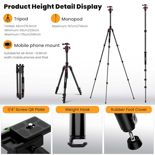 MACTREM 67" Travel Tripod - 360° Ball Head for Cameras | Aluminum alloy, 67" height, 360° ball head, lightweight, for DSLR/mirrorless, smartphone, iPad, binoculars - size: 68 inch