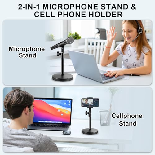 2 In 1 Desktop Microphone Stand, Upgraded Metal Round Base Adjustable Mic Stand with Micphone Clip, Cellphone Clip and 5/8" Male to 3/8" Female Screw for Table Desk Interviews, Black