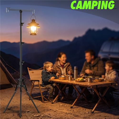Telescopic Height Adjustable Camping Lantern Tripod Stand | 2-Hook Lantern / Light Hanger Holder for Outdoor Camping Tent RV, Night Fishing & Patio - size: 5ft 1"