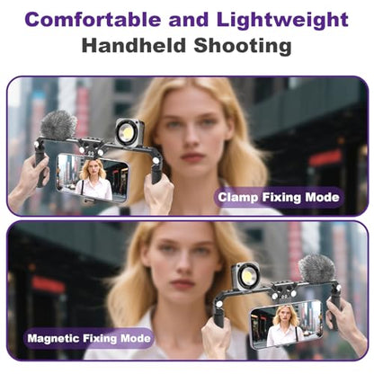OPC01 Foldable Phone Cage Handheld Stabilizer,Foldable Magnetic Smartphone Cage with Handle and Magnetic Sticker for iPhone 17/16/15/14/13/12/11/10 Series and Andriod Phones for Photographer