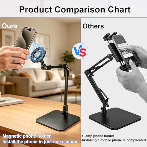 Magnetic Overhead Phone Mount for Nail, Adjustable Smartphone Holder for Desk, Stand for Cooking Videos, Content Creator, Live Streaming, Filming, Video Recording
