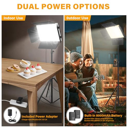 Unicucp 2 Pack Led Video Light Panel Light with Barndoor, 8000mAh Rechargeable Camera Light with 79'' Stand, Photo Studio Lighting kit for Video Recording Live Streaming Outdoor Indoor Photography