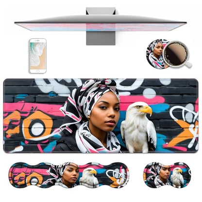 4 in 1 Ergonomic Keyboard Wrist Rest & Mouse Pad Wrist Rest Set, Large XXL Gaming Desk Mat 31.5"x 11.8" with Non-Slip Base, Memory Foam for Home Office Study Gaming, American Black Girl Bald Eagle - color: American Black Girl Bald Eagle