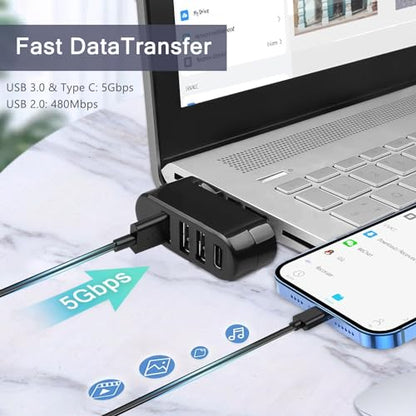 4-Port USB 3.0 Hub [90°/180° Rotatable],USB Splitter with 1 USB 3.0 Port,2 USB 2.0 Ports,and 1 USB C Data Port, USB Extender Compatible with Laptops,Cars,Surface go,MacBook Air/Pro,and Other Devices