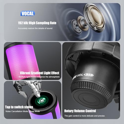 Gaming Mic for PC & PS5, RGB USB Streaming Microphone with Quick Mute