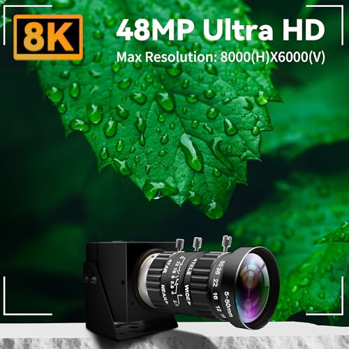 48MP USB Webcam 8K Ultra HD Color Camera with 5-50mm 10X Manual Optical Lens 6000P Industrial Security Video Camera Close-Up Zoom Function Plug-and-Play for Windows, Linux, Mac OS