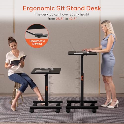 CROWNFURN Mobile Small Standing Rolling Desk Adjustable Height, Portable Laptop Desk on Wheels, Workstation for Home Office with Hook,Black - color: Black