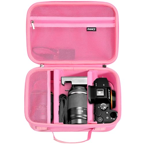 RAIACE Hard Case Compatible with Sony Alpha 7 II III IV/7R V Camera, for Nikon, for Canon, for Pentax and More. Large Capacity With Mesh Pocket for Lens, Charger, Cables, Cards and Accessories.-Pink - color: Pink