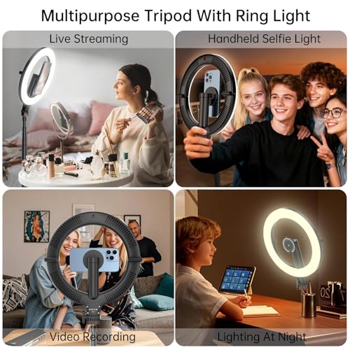 10.2" Magnetic Ring Light with 64" Tripod for iPhone Mag Safe, 5000mAh Rechargeable Ring Light with Stand, 3000k-6500K Phone Tripod with Light for Video, Photography, Live Stream, TikTok, YouTube