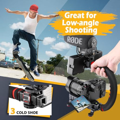 Zeadio Handheld Video Stabilizer Rig, Portable Camera Stabilizer Handle Grip with Cold Shoe Mounts, Phone Holder, Action Camera Adapter for Smartphone, DSLR Camera, Action Camera, Camcorder etc