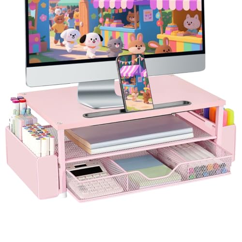 AUPSEN Pink Desk Organizers and Accessories, 2-Tier Wood Computer Monitor Stand with Drawer, Pen Storage & Phone Holder, Office Desk Accessories, Workspace Desktop Organization for Office Supplies - color: Pink Wood