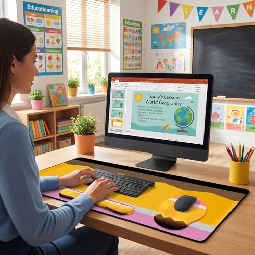 Kingdder Pencil Teacher Desk Mat Mouse Pad Set Include Large Desk Mat Pad with Wrist Rest Mouse Support, Keyboard Wrist Rest Coaster Back to School Classroom Teacher Appreciation Gift - style: Pencil