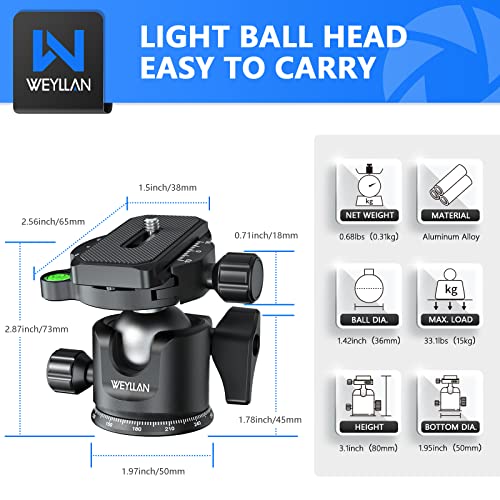 WEYLLAN Low Profile Ball Head - 36mm Metal Panoramic Camera Mount With Arca 1/4'' Quick Release Plate for Tripod Monopod - Max Load 33lbs/15kg