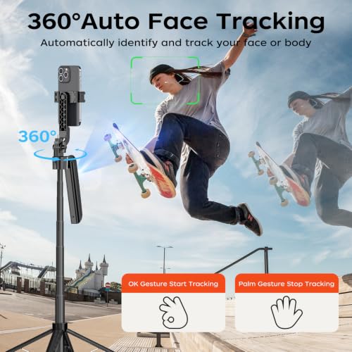 70.9" Auto Face Tracking Selfie Stick Tripod for iPhone Android, No App, 360°Rotation Tripod that Follows Your Movement with Remote Control for Live Streaming, TikTok, YouTube