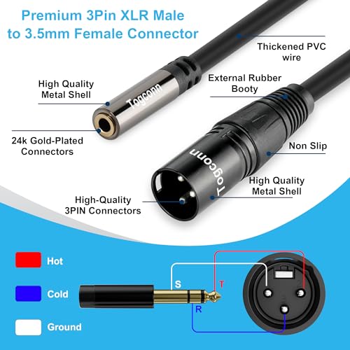XLR Male to 3.5mm Female Cable Adapter, 2 Feet TRS Stereo Balanced Connector Converter, 3-Pin (1/8 Inch) - color: Black