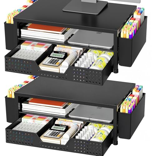 OPNICE Desk Organizer and Accessories, 2-Tier Computer Monitor Stand Riser with Drawer and 2 Pen Holders, Laptop Stand, Office Desk Accessories for Office Supplies, Black 2-Pack - color: Black 2-Pack, size: With Drawer and 2 Pen Holders