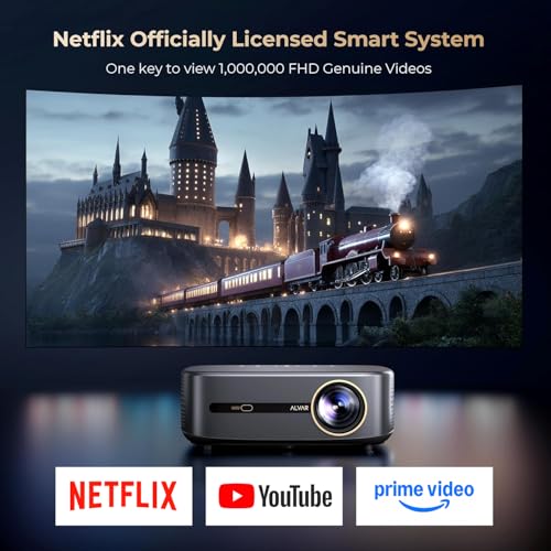 [2500 ANS ＆ 50W] Alvar Outdoor Projector 4K Support with WiFi 6 and Bluetooth, dbx-tv Sound, Built in NetfIix App & DoIby Audio Proyector, Auto Focus & Keystone Smart for Soccer Match