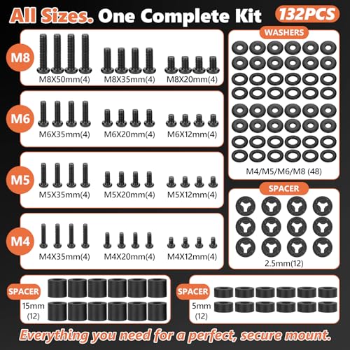 132Pcs Universal TV Mounting Hardware Screws Kit Set M4-M8 | Black Screws, Washers & Spacers, VESA Mount Replacement Screws, Fits Most TVs/Monitors up to 80",Organized Storage Case - color: Black