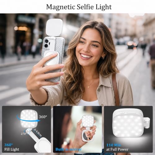 Magnetic Selfie Light Compatible with MagSafe, Foldable LED Phone Light with Mirror, 48 LEDs 5 Color Modes & 5 Brightness Levels, 360° Rotating Fill Light for Selfies, Makeup, TikTok, Zoom - color: White