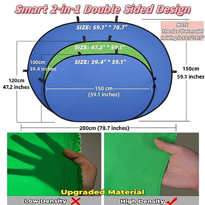 Blue Green Screen Backdrop Double Sided Collapsible Greenscreen Backdrop with Carrying Bag,Portable Pop Up Green Screen Background for Streaming Webcam 39.4 * 59.1" - size: 39.4*59.1"(No stand)