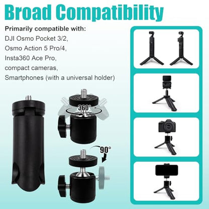 Mini Travel Tripod for DJI Osmo Pocket 3 & 2, 1/4"-20 Threaded Foldable Tabletop Stand with 360° Tripod Head, Compatible with Osmo Pocket 3 & 2, Cameras & Smartphones