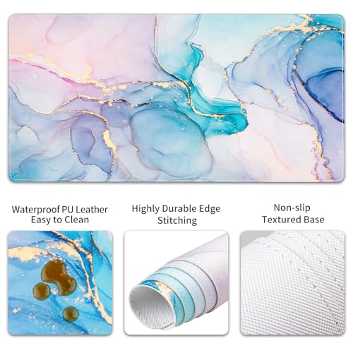 QIYI Leather Desk Mat Set, 4-in-1 Large Mouse Pad with Ergonomic Wrist Rest, Waterproof Desk Pad + Keyboard Wrist Rest +Mouse Wrist Support+Coaster, Non-Slip Office Gaming Accessories, Blue Pink Fluid - color: Blue Pink Fluid