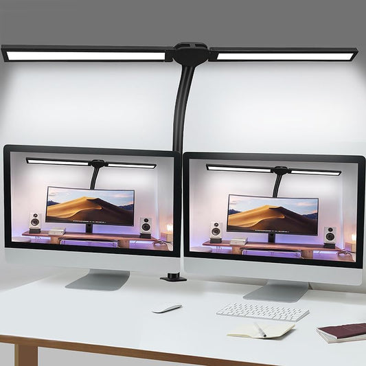 Double Head LED Desk Lamp for Office - Eye Caring Lamp with Clamp, Flexible Adjustable Lighting Gooseneck Desk Light, 4 Color Modes & 5 Brightness Levels for Monitor Workbench Study Reading - color: Black-2D