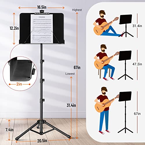 CAHAYA 5 in 1 Heightened Dual-use Sheet Music Stand & Desktop Book Stand Metal Portable Solid Back with Height Adjustable from 31.4-67in Including Carrying Bag, Sheet Music Folder & Clip CY0304 - color: Black, size: Higher Version