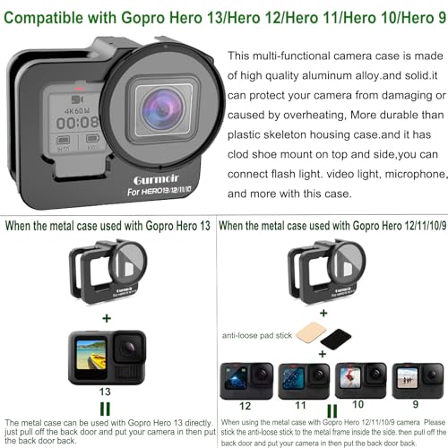 Metal Protective Case for Go Pro Hero 13/12/11/10/9 Black, Upgraded Aluminum Alloy Back Door Housing Frame Video Cage, with 2 Cold Shoe Mount and 52mm Filter