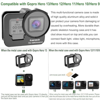 Metal Protective Case for Go Pro Hero 13/12/11/10/9 Black, Upgraded Aluminum Alloy Back Door Housing Frame Video Cage, with 2 Cold Shoe Mount and 52mm Filter