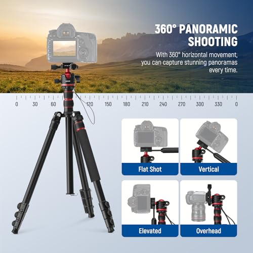 NEEWER Basics Camera Tripod Monopod, 77" Compact Lightweight Travel DSLR Video Stand, 360° Ball Head, Arca Type QR Plate, Reversible Legs & Inverted Central Axis, 13lb Max Load, TP08 - style: TP08