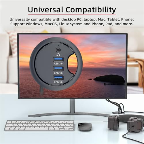 Cablecc 3 Port USB 3.0 Hub Sound Card USB Splitter 60mm Desk Grommet Dock Station Headphone Mic Audio Interface for Desktop PC(USB 3.0 and 3.5mm Audio Port) - style: 3USB+3.5mm audio