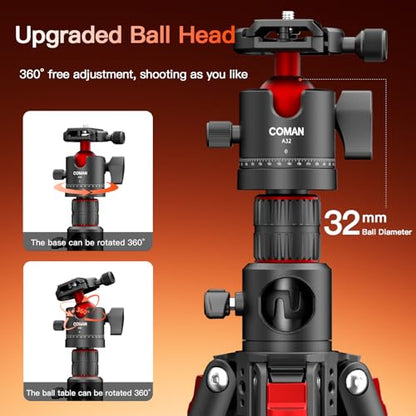 COMAN 72" Overhead Tripod, Camera Tripod with Center Column and 360 Degree Ball Head, Detachable Monopod with Arca QR Plate, Horizontal Tripod for Camera, DSLR, Max Load 11 lbs - color: KX3939MINI-A32