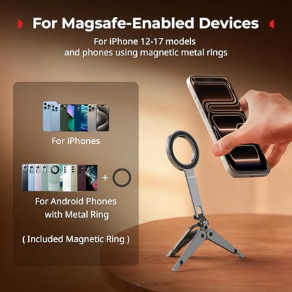 SMALLRIG Dual Magnetic Phone Tripod, Metal Cell Phone Mount Grip with 1/4" Threads, 270° Adjustable Phone Holder Mini Pocket Tripod for iPhone 17/16/15/14/13 Series -5649