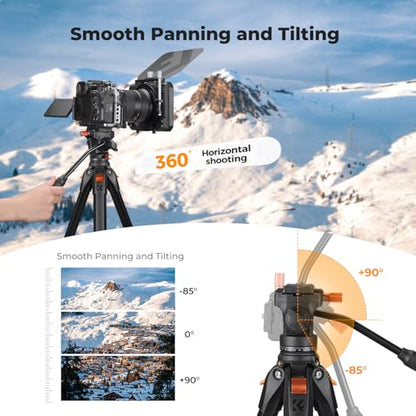K&F CONCEPT 73” Camera Tripod with Fluid Head, Aluminum Travel Tripod for Video, Smooth Pan/Tilt for DSLR Mirrorless Camcorder, Max Load 6.6lb, for Live Streaming Vlog & Spotting Scope
