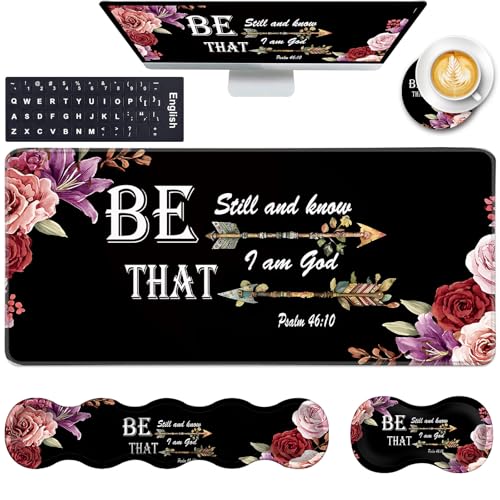 Keyboard Wrist Rest and Mouse Pad with Wrist Support Set Ergonomic Coaster,Memory Foam,Easy Typing Pain Relief,Large XL Desk Mat 31.5"x 11.8",Bible Verse Psalm 46-10 Adorable Peony Flower - color: Bible Verse Psalm 46-10 Adorable Peony Flower, size: 5 Pcs