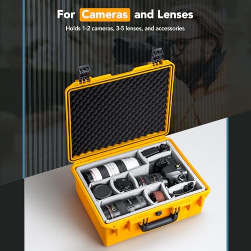 Lykus PVC1 Waterproof Hard Camera Case with Padded Dividers for Cameras, Lenses, Dual DJI Mavic/Air/Mini/Flip drones - color: Yellow PVC1