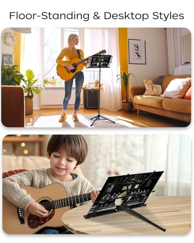 K KASONIC Music Stand, 2 in 1 Dual-Use Folding Sheet Music Stand & Desktop Book Stand, Portable Lightweight with Music Sheet Clip Holder Carrying Bag - color: 1 Pack Black