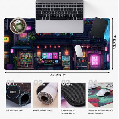 Cyberpunk Desk Mat 31.5''X15.7'' Neon Lights Desk Pad Large Gaming Mouse Pad Modern City Ramen Shop Extended Mousepad XXL Japanese Keyboard Mouse Mat for Computer Laptop Gamers - color: Cyberpunk Purple Blue Black