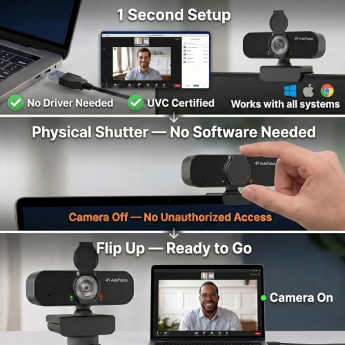 4K Webcam with PDAF Autofocus for PC/Laptop | Smart Noise-Cancelling Mic, Privacy Shield Cover, 80° Focused on You Only, Low-Light Clarity, No-Driver Plug & Play